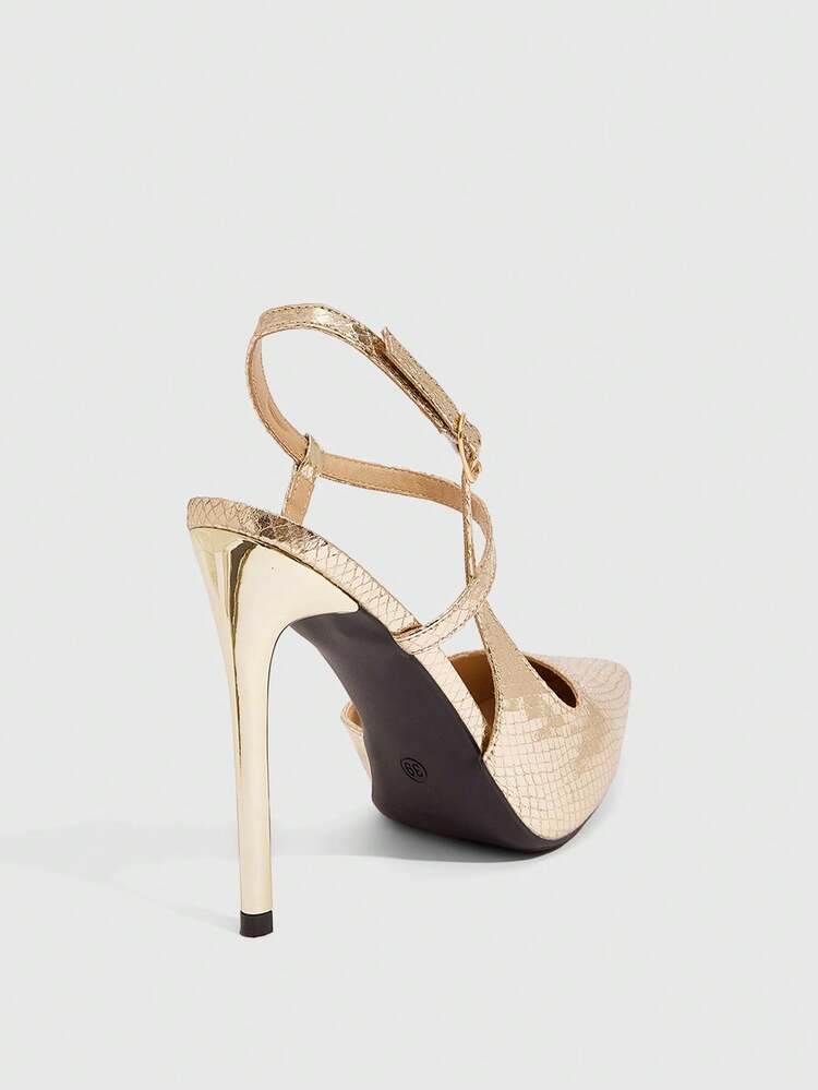 CUCCOO SZL Women's Gold Lizard Texture Fashion Pumps, High Heel Pointed Toe Slip-On Shoes With Buckle Decor, Sexy Party Heels For Christmas Spring Shoes