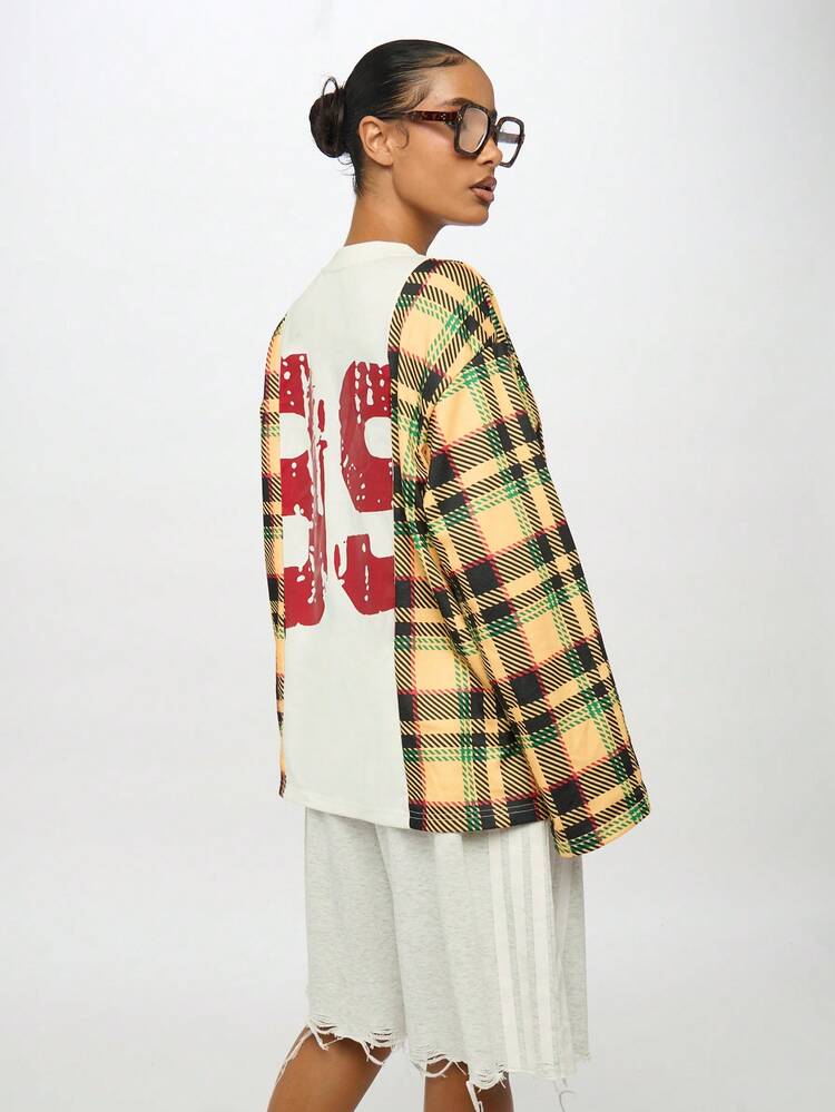 SUMWON WOMEN Los Angeles Track Team Plaid Contrast Sweatshirt Oversized Crew Neck College Style Varsity Stars Fall Winter Long Sleeve Streetwear Urban Fashion Statement Top