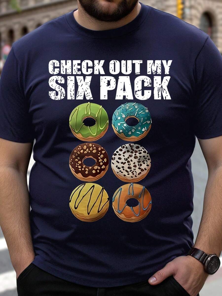 Manfinity Homme Plus Size Men's Donut Letter Print Short Sleeve T-Shirt - Navy Blue - View 1