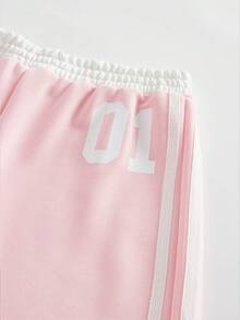 SHEIN Quần ống đứng cạp chun co giãn màu tương phản in số cho bé gái tuổi teen, đa năng và thời trang khi trở lại trường - Màu Hồng baby - Xem 10
