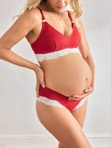 Moonlight&Mama 2pcs Christmas Color Block Lace Patchwork Push Up Nursing Maternity Bra - Burgundy - View 6