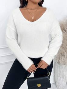 EMERY ROSE pull col V unicolore manches longues décontracté grande taille, pour l'hiver