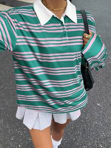 Muchica Plus Size Striped Lapel Loose Sweatshirt In Fall/Winter - Green - View 3