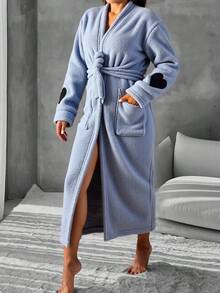 Women Heart Embroidery Detail Hooded Belted Robe - Grey - View 4