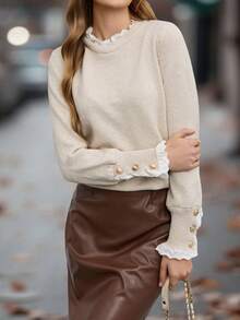 EMERY ROSE Maglione lavorato a maglia con collo a giro e maniche lunghe, con dettagli floreali color albicocca, adatto per l'autunno/inverno, top a maniche lunghe per l'autunno - Albicocca - Visualizzare 1