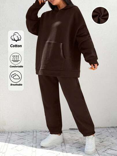 EURMUSE Cotton Women's Plus Size Drop Shoulder Hoodie And Pants 2 Pieces Set Womens 2 Piece Set Comfy Set Brown 2 Piece Set Brown Set Women 2 Piece Lounge Sets Woman Comfortable Two Piece Set