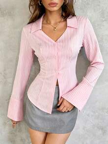 Lunelith SHEIN Lunessa Chemise décontractée à manches longues pour femmes avec boutons devant et imprimé rayé, hauts à manches longues