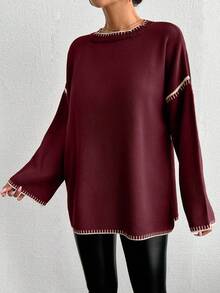 EURMUSE 女士彩色拼接長袖毛衣,飾品細節