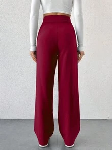 SHEIN Cottnline Solid Straight-Legged Suit Trousers With Pockets And Zipper - Burgundy - View 2