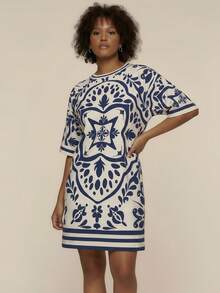 CAJUNI 大码女式波西米亚风热带复古蓝色印花短款休闲宽松海滩度假米色连衣裙 - 藏蓝色 - 查看 7