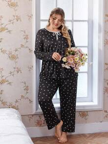 FairyFlirt Conjunto de Roupa de Estar Casual com Laço Floral Miúdo Preto e Branco em Plus Size, Adequado para Uso Interno e Externo, Roupas de Inverno - Preto - Visão 3
