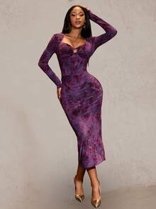 Lureya Robe moulante mini asymétrique à manches raglan transparente avec imprimé floral mignon, sexy et charmante, convient pour toutes les saisons