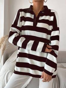 EURMUSE Plus Size Striped Pattern Drop Shoulder Polo Neck Drop Shoulder Sweater - Brown - View 6