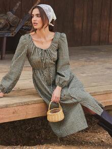 WESTFADE 棉混纺格子圆领蝴蝶结纽扣前开襟无袖宽松中长连衣裙，适合秋季、休闲女牛仔、秋季、秋季、波西米亚风、冬季、乡村音乐会、西部风女装 - 棕色 - 查看 6