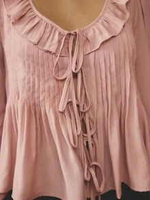 Aralina Women's Romantic Cute Pink Ruffle Tie Front Pin Tuck Pleated Long Sleeve Loose Fit Flowy Vacation Outfits Women Cute Top Elegant Blouse Top For Women New Years Top Party Top - Pink - View 3