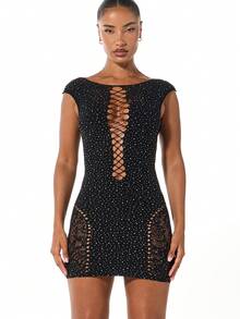 SUMWON WOMEN Lace-Up Plunging Neckline Bodycon Mini Dress With Rhinestone Embellished Pattern And Cut-Out Details - Black - View 1