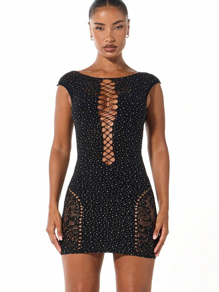 SUMWON WOMEN Lace-Up Bodycon Mini Dress With Rhinestones