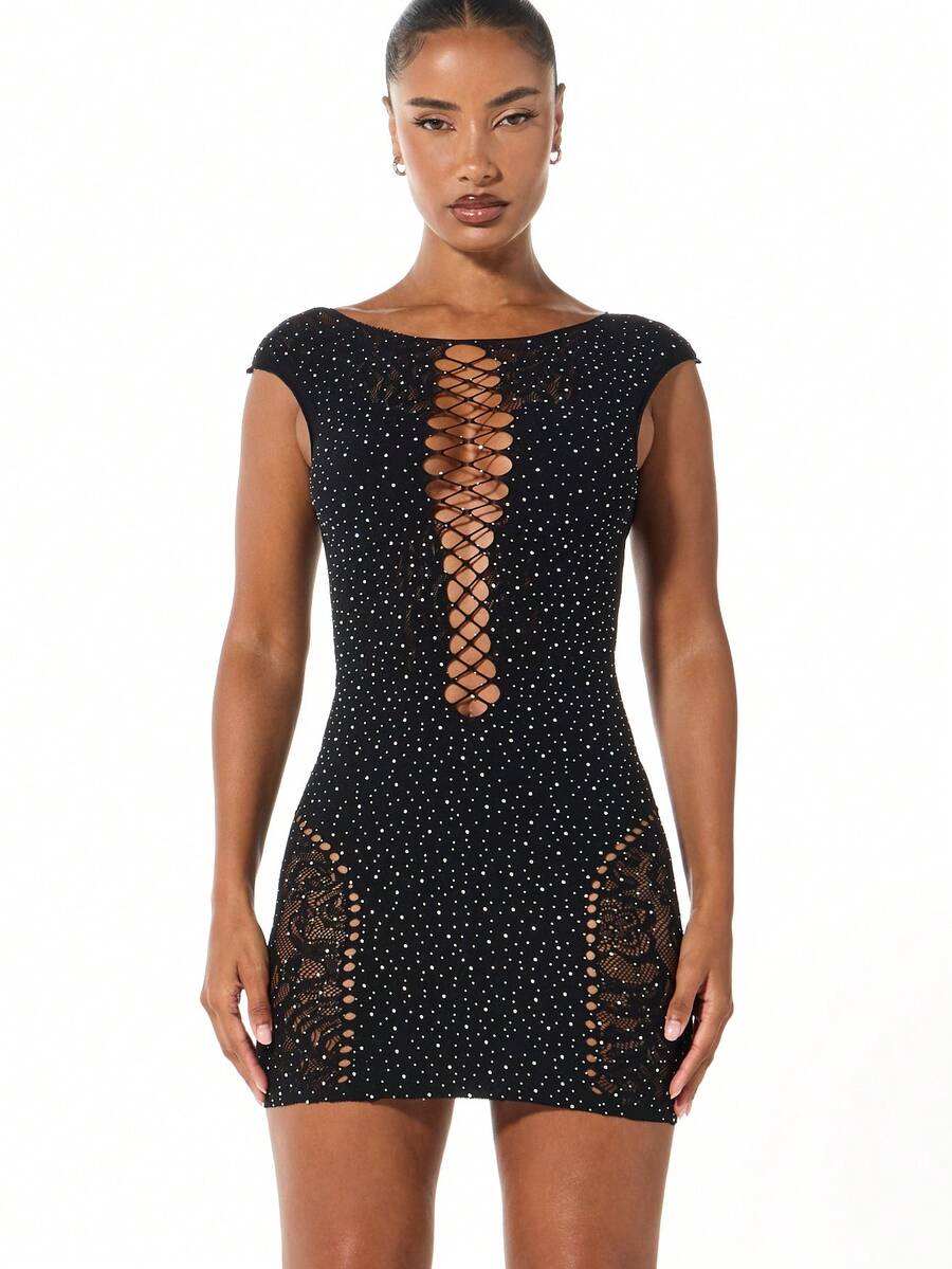 SUMWON WOMEN Lace-Up Plunging Neckline Bodycon Mini Dress With Rhinestone Embellished Pattern And Cut-Out Details - Black - View 1