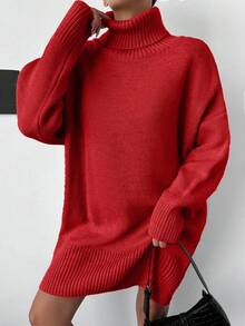 EURMUSE Women's Casual Solid Color Turtleneck Knit Dress, Autumn/Winter - Red - View 5