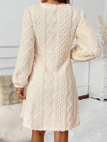 SHEIN Clasi 女式 V 领长袖针织弹力米色/杏色纹理面料优雅日常迷你连衣裙，秋冬 - 杏色 - 查看 2