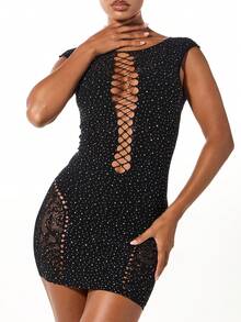 SUMWON WOMEN Lace-Up Plunging Neckline Bodycon Mini Dress With Rhinestone Embellished Pattern And Cut-Out Details - Black - View 6