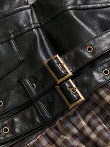 ROMWE Grunge Punk Y2K Style Patchwork Plaid Asymmetric Hem Short Dress, Collegiate Vibe - Brown - View 4