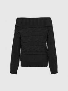ROMWE Grunge Punk Punk Style Turtleneck Distressed Collar Oblique Shoulder Twist Knit Loose Cross Print Women Sweater - Black - View 2