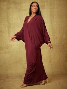 Vixey Robe caftan drapée avec enroulement en col V en jersey unicolore - Rouge foncé - Voir 2