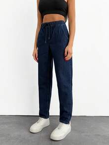 EURMUSE Solid Color Casual Drawstring Elastic Waist Jeans Pants - Dark Wash - View 3