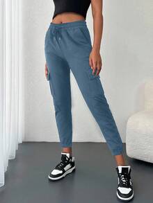 SHEIN Cottnline Women's Casual Solid Color Cargo Sweatpants - Baby Blue - View 4