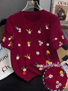 Women's Floral Embroidered Crew Neck T-Shirt, Summer, Christmas - Red - View 1