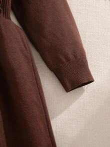 SHEIN Girls Knitted Long Sleeve Dress,Round Neck Patchwork Ruffle Beaded Fashion Style,Autumn Party Korean Version Flounce Princess Sweater Skirt Set,Brown - Camel - View 7