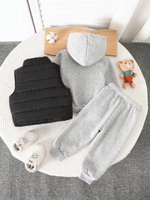 3 件套男婴地标印花连帽卫衣套装，含背心外套，适合秋冬多种场合，黑色套装搭配黑色背心百搭 - 灰色 - 查看 2