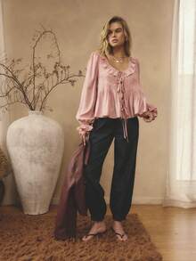 Aralina Women's Romantic Cute Pink Ruffle Tie Front Pin Tuck Pleated Long Sleeve Loose Fit Flowy Vacation Outfits Women Cute Top Elegant Blouse Top For Women New Years Top Party Top - Pink - View 8