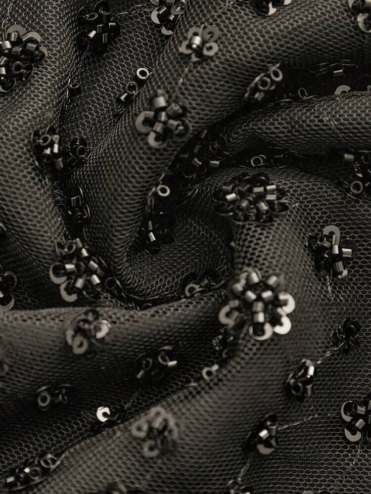 Top corto con tirantes de espagueti con lentejuelas negras y adornos florales, top de fiesta, top de noche, top con lentejuelas, top brillante, top brillante, top de discoteca, premium para mujer, primavera, verano, Año Nuevo, fiesta