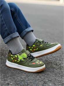 Tenis infantiles unisex casuales con estampado de dinosaurio material sintético diseño ancho punta redonda corte bajo primavera otoño para deporte y recreo - Verde - Ver 2
