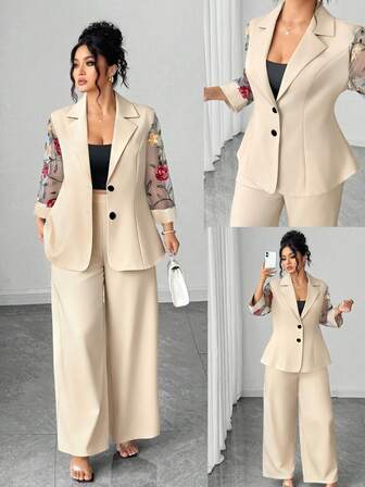 Elenzga Chaqueta entallada bordada de talla grande, conjunto de pantalones de cintura ceñida de manga 3/4 de una sola hilera, atuendo elegante para ir al trabajo