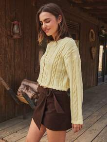 WESTFADE Round Neck Button Front Relaxed Fit Mixed Cable Knit Cardigan Sweater Cute Fall Knit Top, Casual Boho For Women, Country Western Concert, Fall, Autumn, Winter - Yellow - View 1