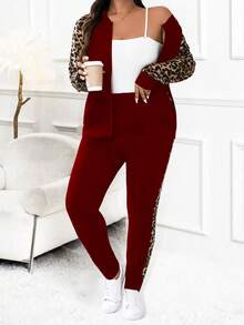 SHEIN LUNE Plus Size Leopard Print Patchwork Jacket And Pants 2 Pieces Set, Autumn - Burgundy - View 5