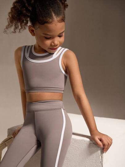 SHEIN 2 Peças Conjunto de Roupas Ativas para Meninas - Regata Regular + Calça Regular, Canelado/Multicor + Regata Esportiva + Calça Esportiva