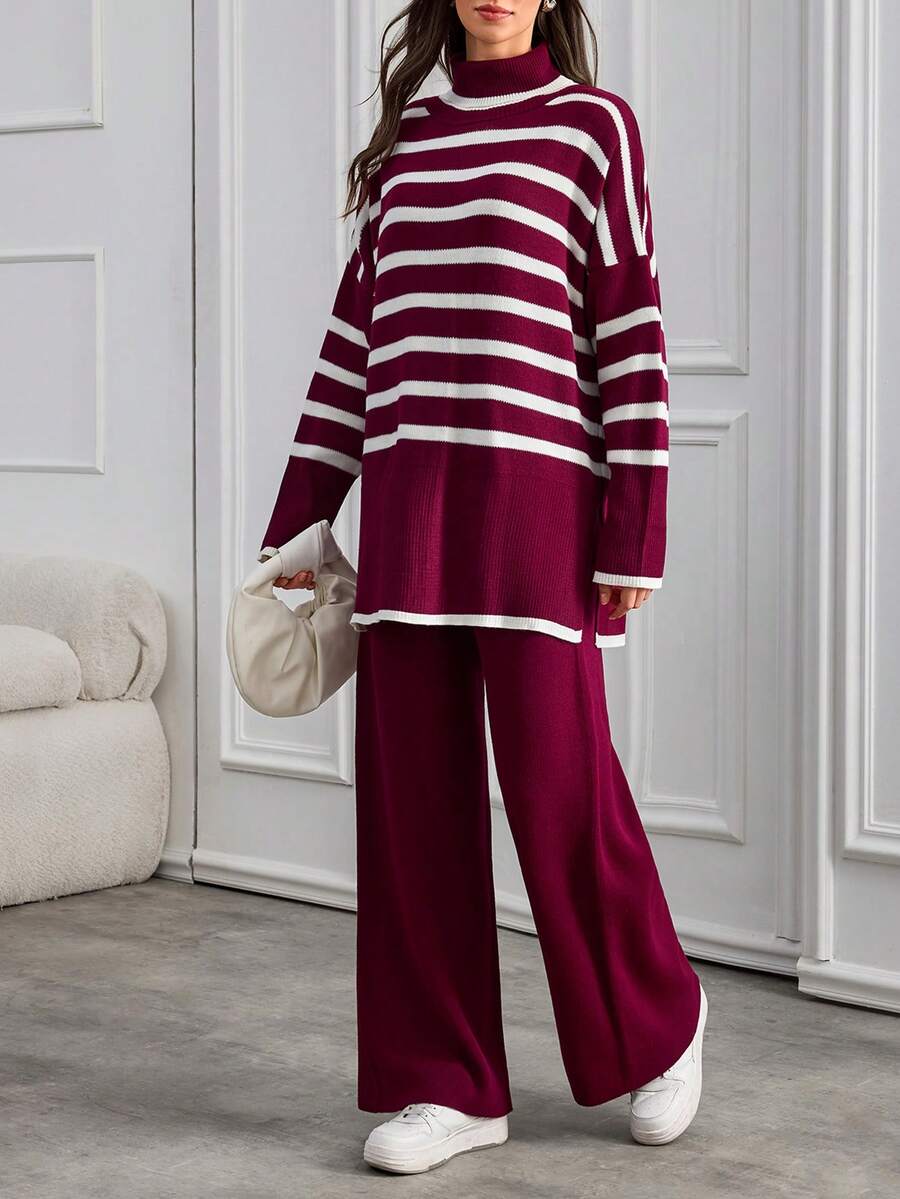 SHEIN Tall Bộ 2 món áo len cổ cao tay cánh dơi kẻ sọc và quần màu trơn cho nữ cao ráo - Nhiều màu - Xem 1