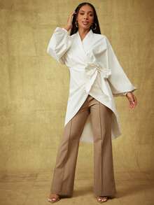 Vixey Khaki Solid High Waist Seam Detail Straight Leg Pants, Party Wear, Elegant - Brown - View 1
