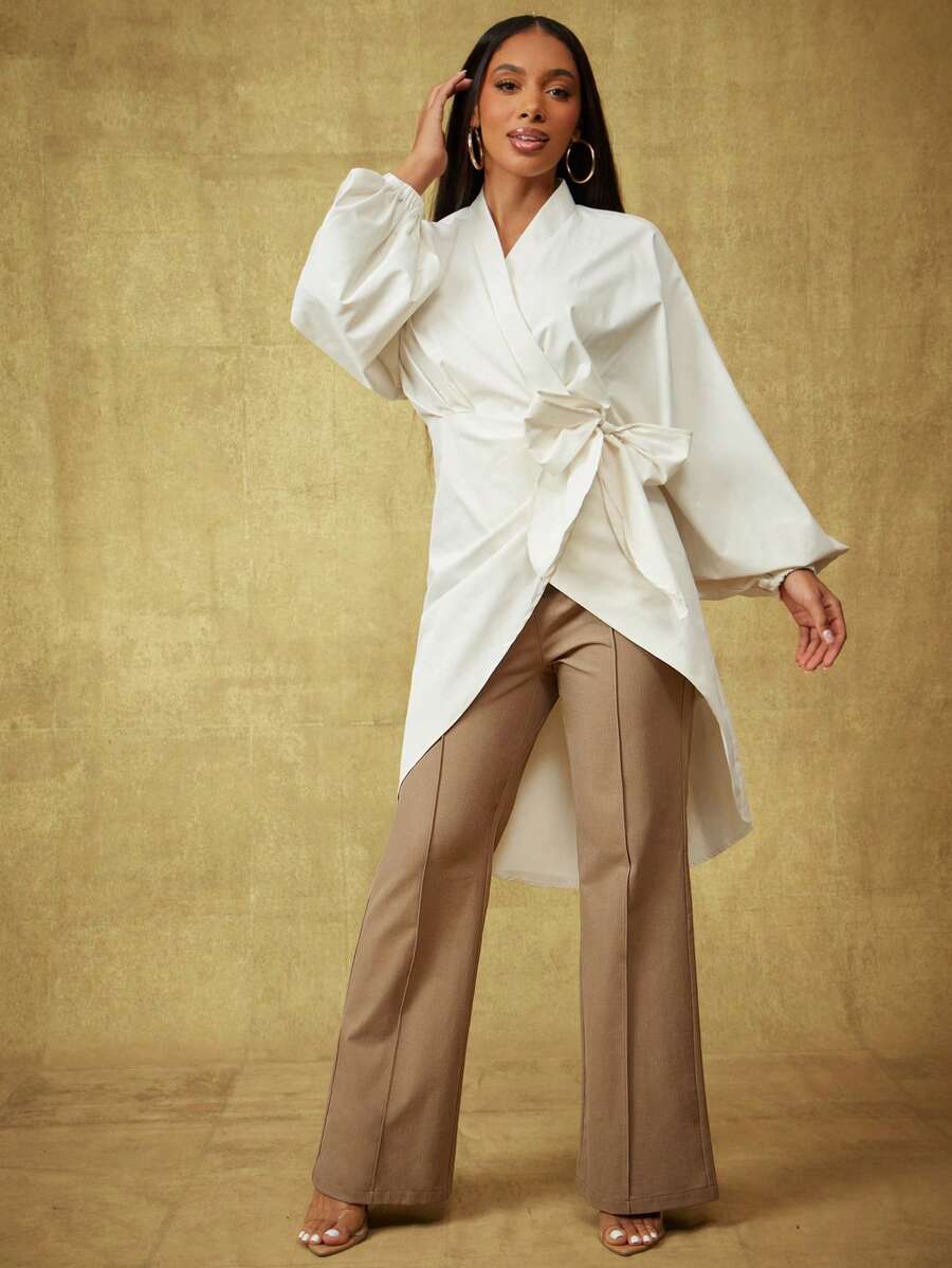 Vixey Khaki Solid High Waist Seam Detail Straight Leg Pants, Party Wear, Elegant - Brown - View 1