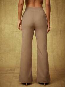 Vixey Khaki Solid High Waist Seam Detail Straight Leg Pants, Party Wear, Elegant - Brown - View 5