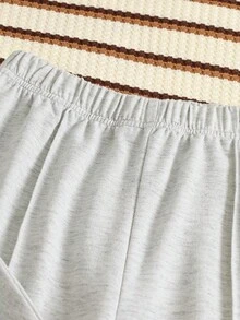 2 件套 Tween GirlsCalifornia 图案印花条纹纯色 Polo 领长袖运动衫和裤子，时尚运动休闲装，春秋季 - 灰色 - 查看 5