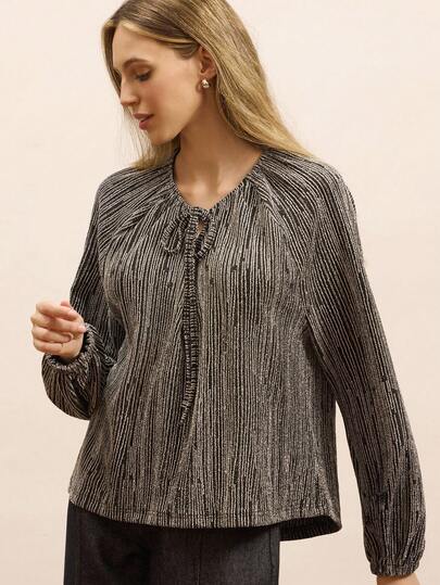 lacRébo Spring Summer Silver Metallic Party Loose Fit Blouse With Neck Tie Detail Spring Summer Top Party Top Going Out Top Night Out Top  New Year Party Outfits