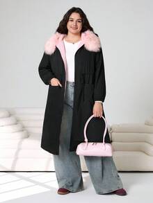 Solflare 2025 秋冬新款休闲户外、派对、约会、度假多场合百搭长款粉色人造毛皮衬里大毛领收腰连帽长款保暖大码棉服外套 - 彩色 - 查看 5