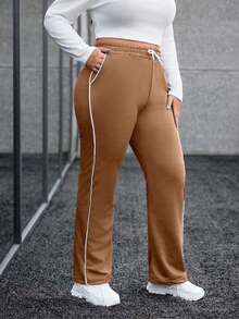EURMUSE Plus Size Contrast Trim Pocket Drawstring Waist Casual Sweatpants - Camel - View 4