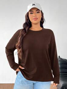 SHEIN EZwear Plus Size Loose Fit Drop Shoulder Crew Neck T-Shirt, Plus Size, Chocolate Brown/Winter