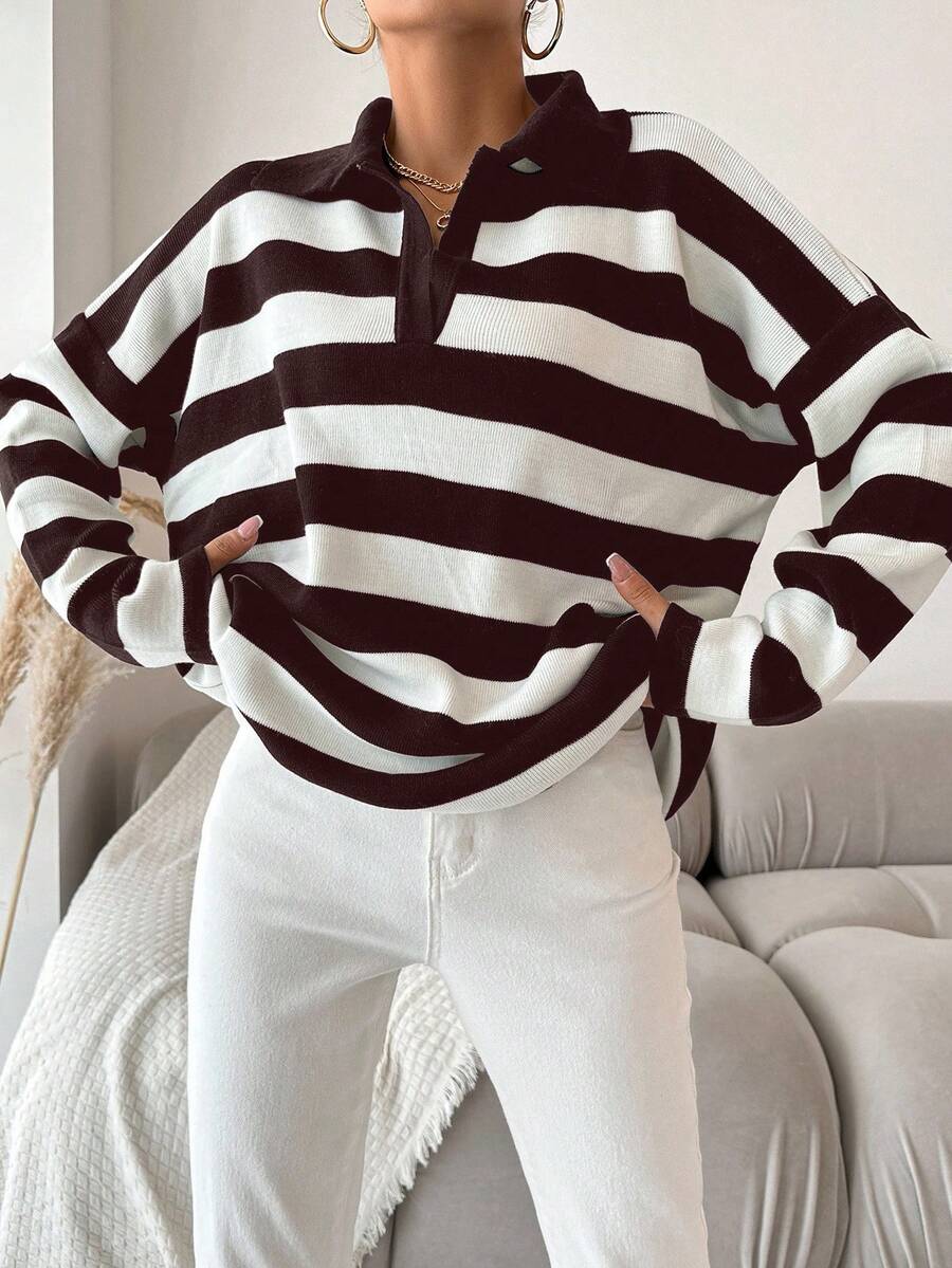 EURMUSE Plus Size Striped Pattern Drop Shoulder Polo Neck Drop Shoulder Sweater - Brown - View 1